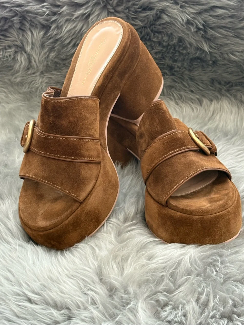 Gianvito Rossi Brown Suede Platform Mule Slides with Gold Buckle